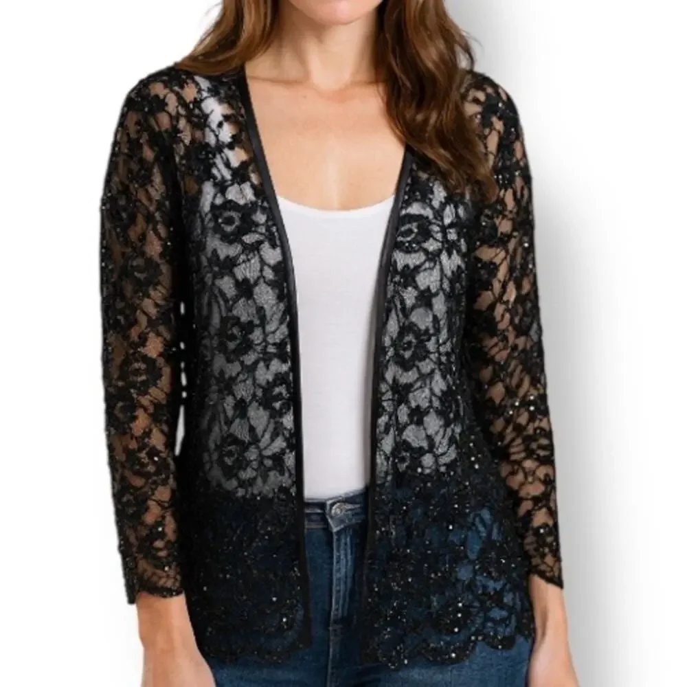 Vintage Laurence Kazar Black Beaded Lace Sheer Open Front Evening Jacket Romance